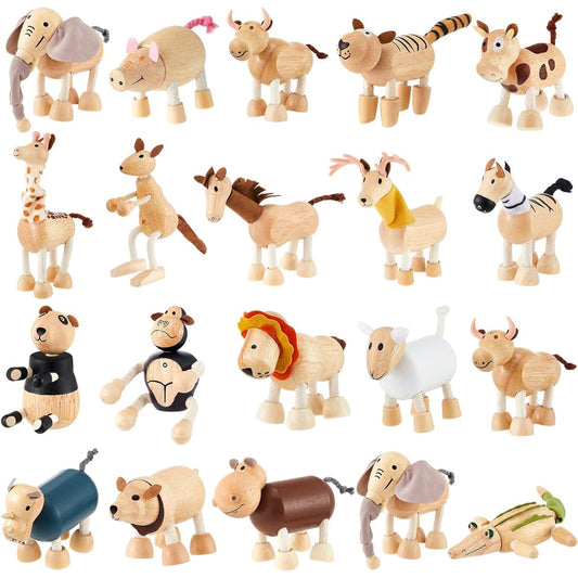 Wettarn 20Pcs Bendable Wooden Animal Toys Zoo Safari Jungle Wooden Animal Figures Toys Flexible Posable Wooden Farm Animals for Preschool Learning Home Decor