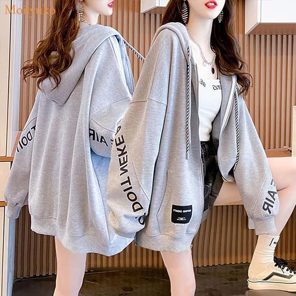 Moilyuko Women's Oversized Parka, Zip, Long Sleeve, Thin, Loose, Korean Style, Fashion, Casual, Spring, Autumn, Winter Tops Mo74