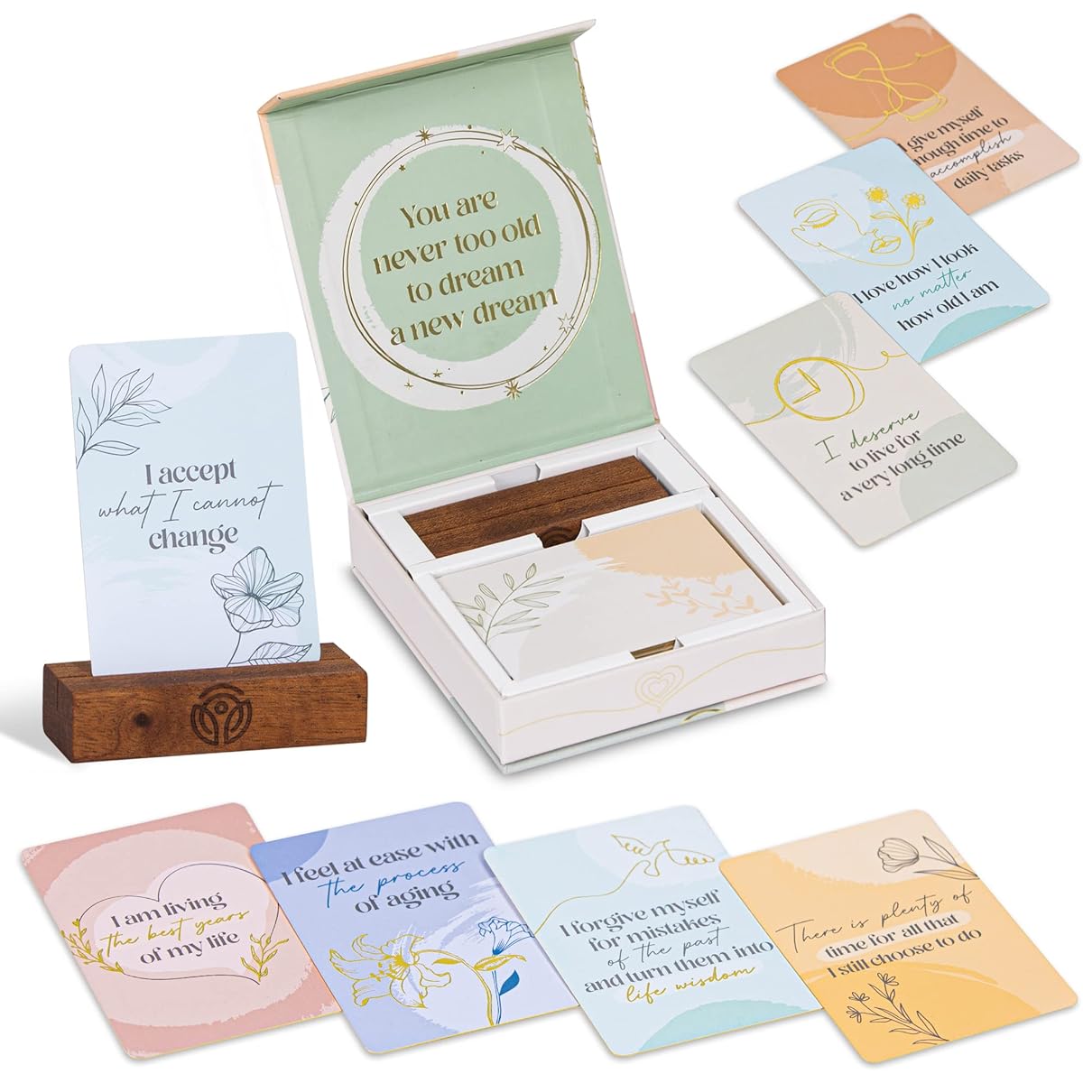 Omphoria Affirmation Cards 52 Positive Affirmations for Aging Beautifully - Feeling Peaceful with Age - Gold Card + Ebony Wood Stand