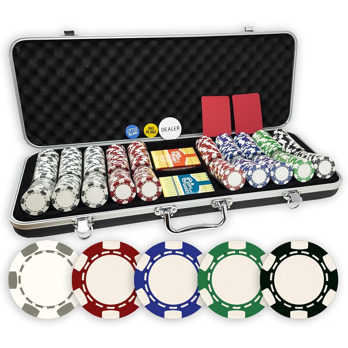 DA VINCI Poker Chips Set of 500, 11.5 Grams, 6 Spot Clay Composite, Upgraded Stain Resistant Black ABS Case, 2 Decks of Plastic Playing Cards, 2 Cut Cards, Dealer and Blind Buttons