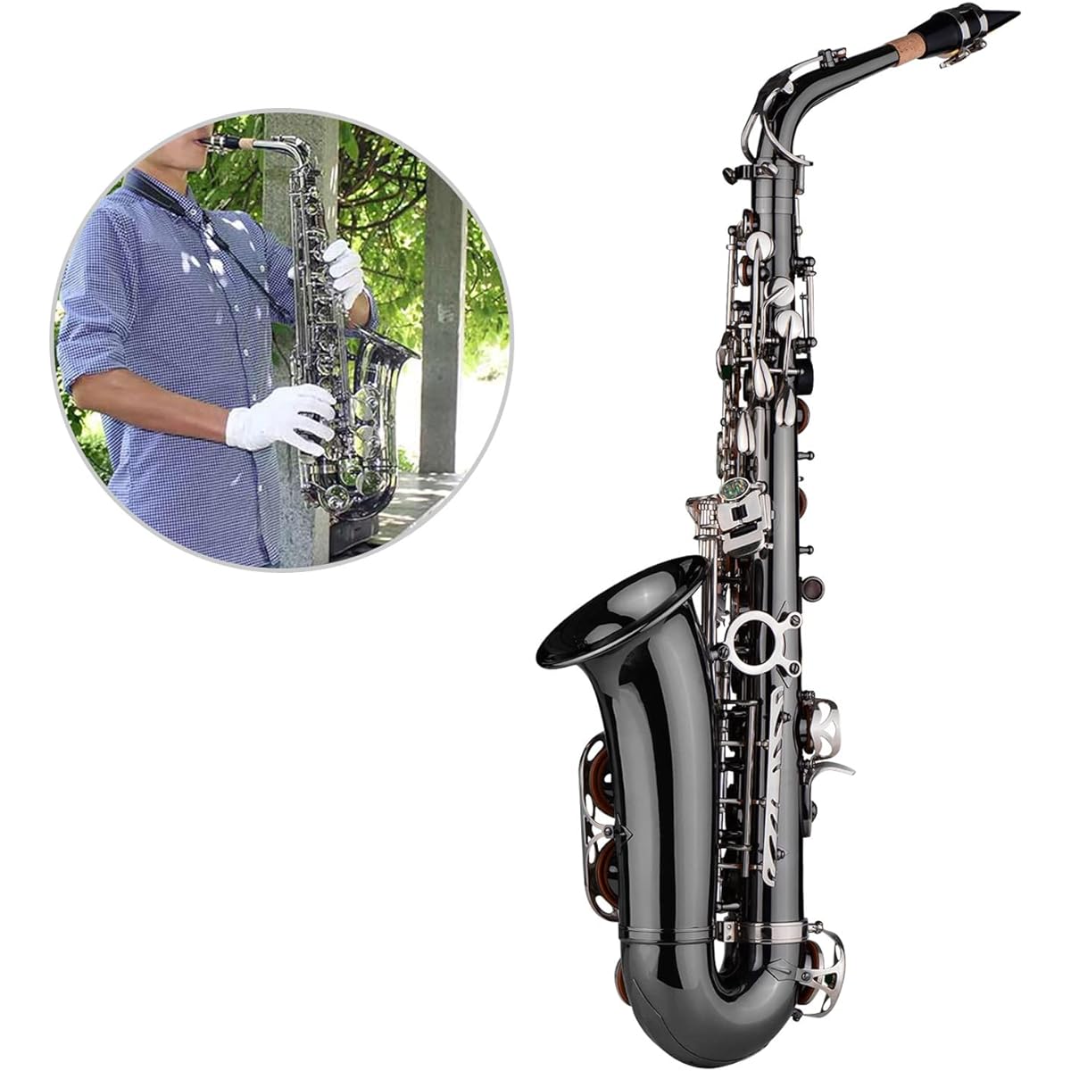 Btuty Alto Saxophone Brass Bend Eb E-Flat Black Nickel Plated Abalone Shell Key Carrying Case with Glove Cleaning Cloth Strap Grease Brush