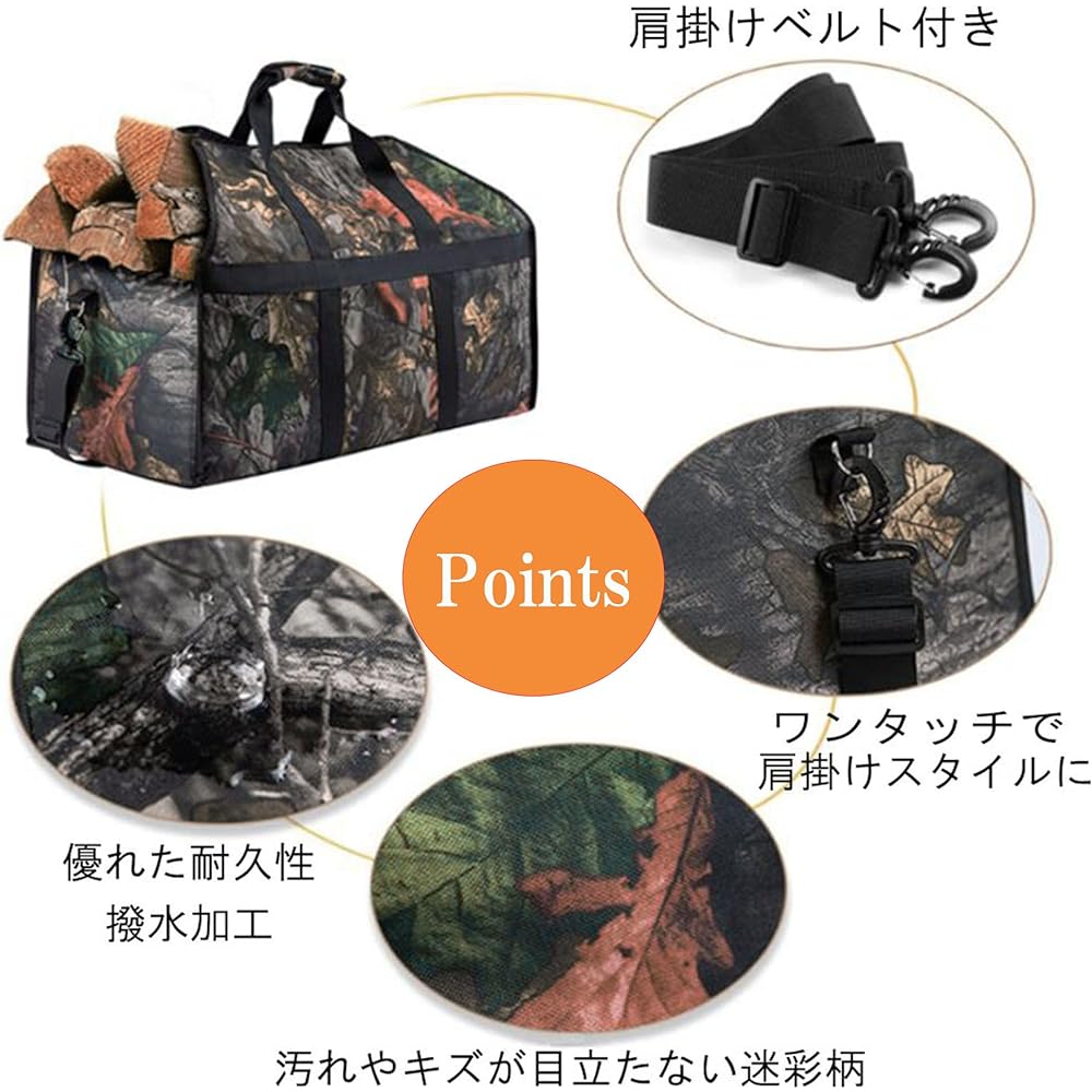 GRANSEED Firewood Bag, Firewood Container, Log Carry, Outdoor, Camping, Thick, Shoulder Belt Included, Storage, Canvas, Waterproof, Large Capacity, Portable, Camouflage