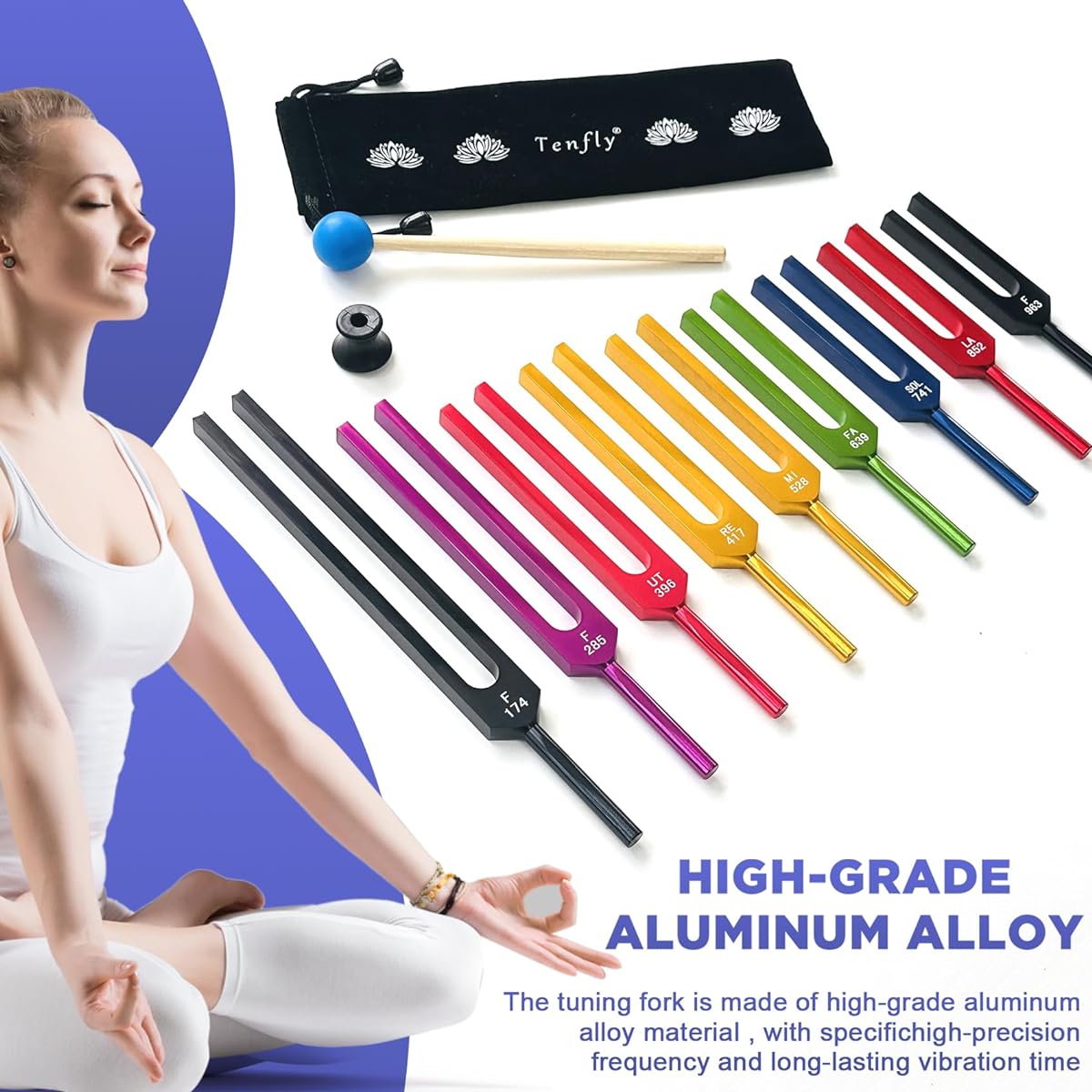 TENFLY Solfeggio Tuning Fork Set – 10 Tuning Forks DNA Healing Chakra Sound Therapy Multicolor with Exquisite Aluminum Gift Box (174Hz, 285Hz, 396Hz, 417Hz, 432Hz, 528Hz, etc.)