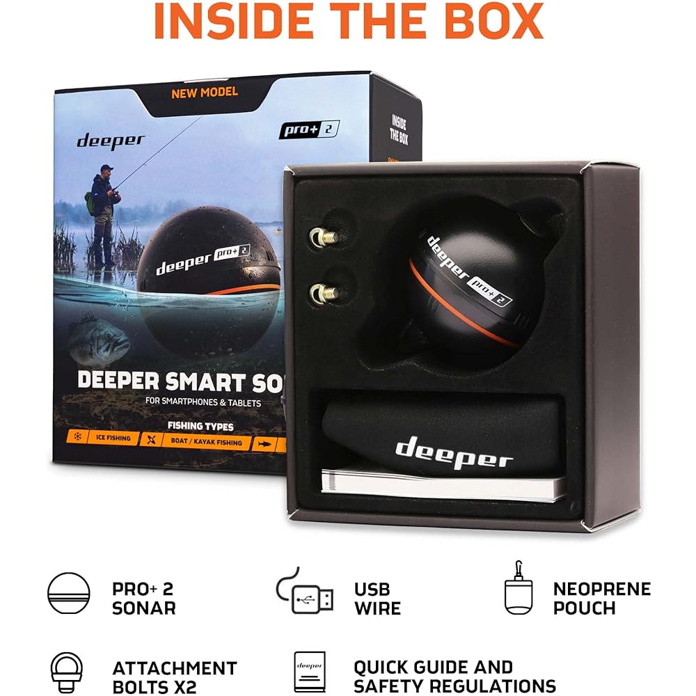 Deeper PRO+ 2.0 wireless smart fish finder, Wi-Fi connectivity, built-in GPS, battery runs up to 9 hours, fast charging, 3 frequencies, scanning depth 100m wireless smart sonar [Authorized Japanese distributor product]