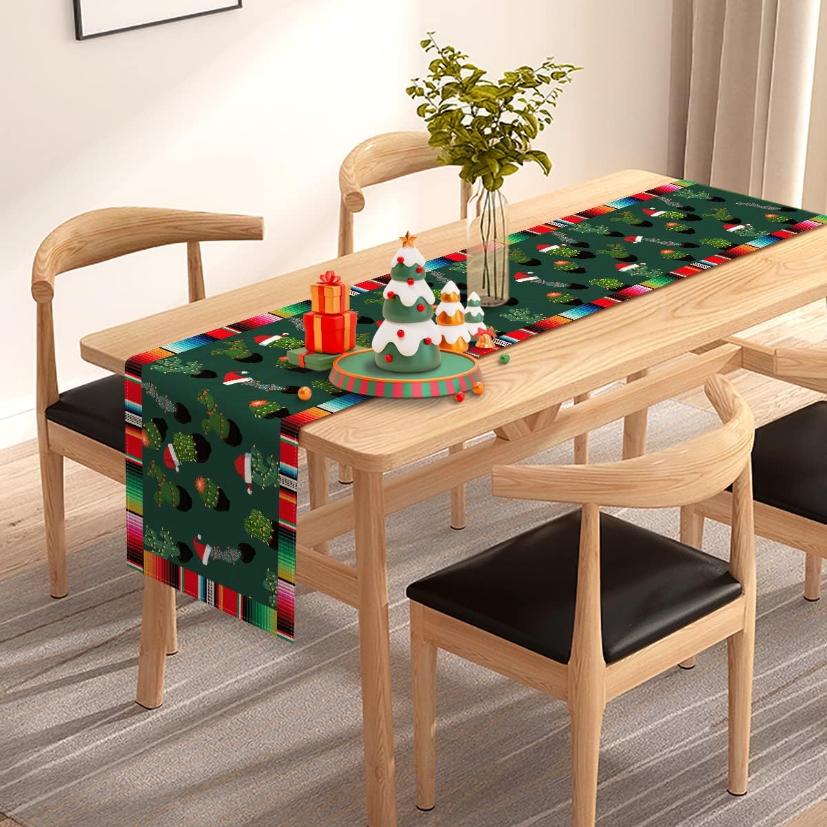 Feliz Navidad Table Runner Mexican Christmas Cactus Santa Hat Stripes Winter Holiday Xmas Kitchen Dining Home Decorations