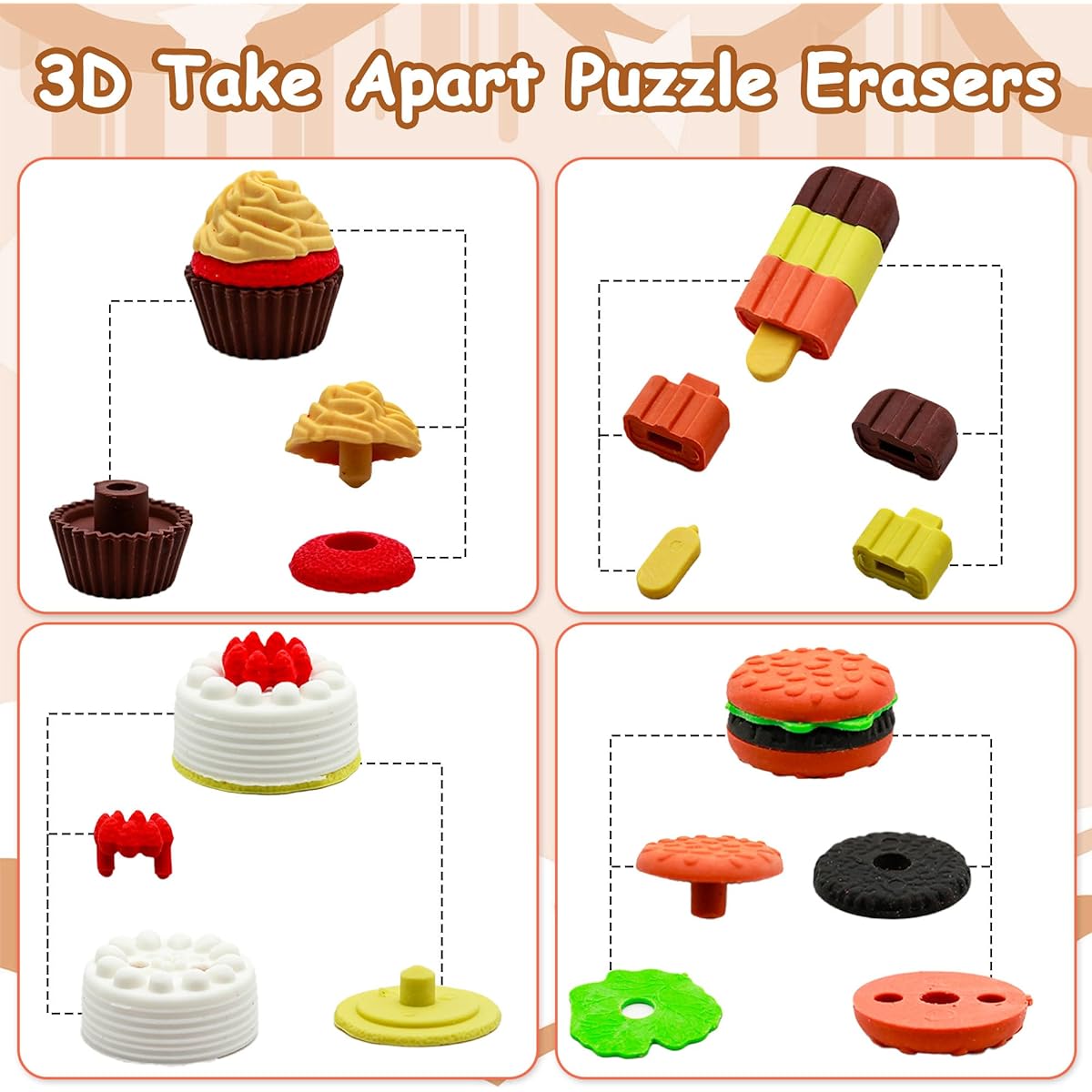 34 Pieces Food Erasers for Kids Classroom Giveaways Puzzle Erasers 3D Take Apart Food Pencil Erasers Student Rewards Class Treasure Chest Game Rewards Party Favors
