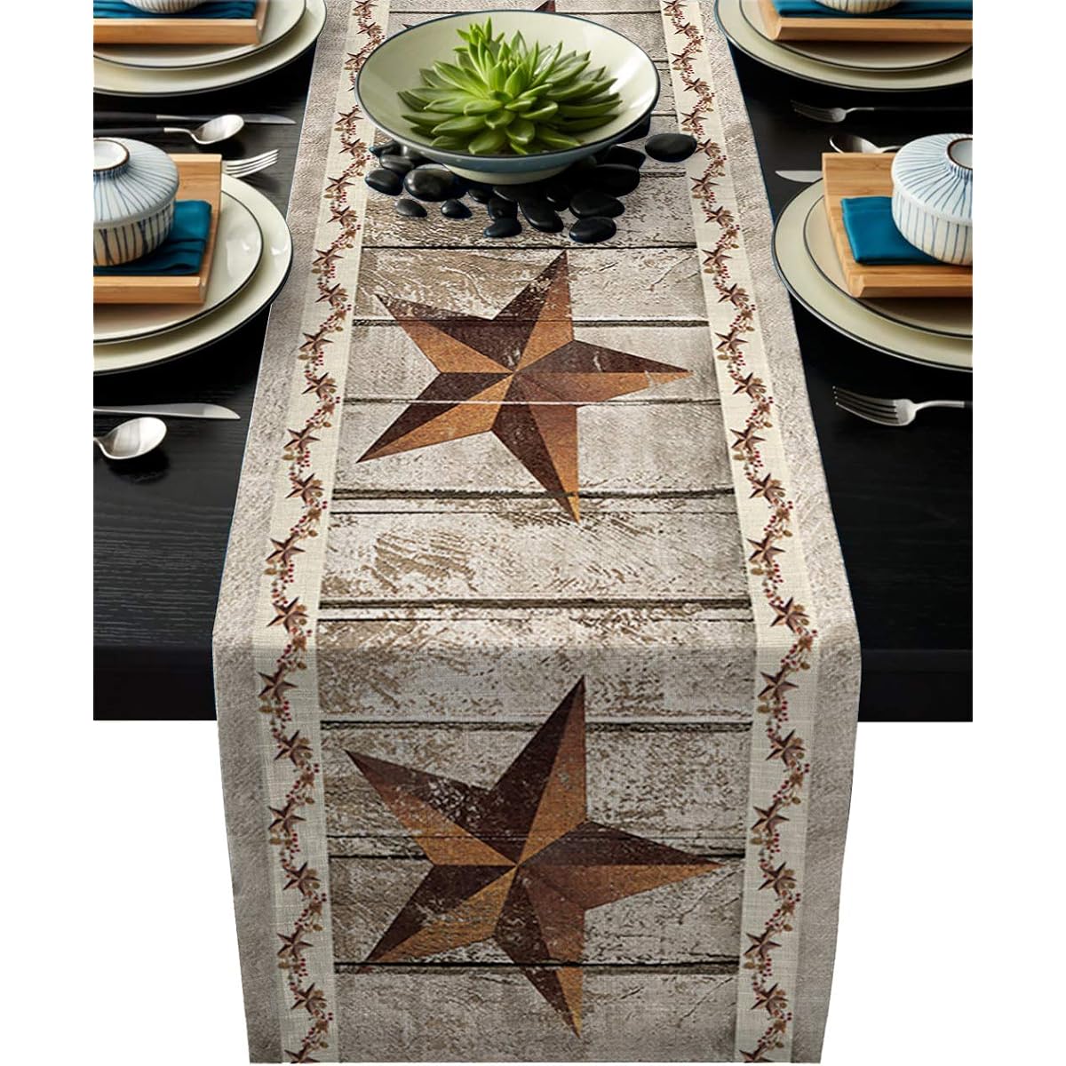 Burlap Table Runner 72 Inch Length Linen Table Runner Home Decor Western Texas Star Rustic Wooden Farm Pattern Dining Table Coffee Bar Indoor/Outdoor Daily Use Table Set