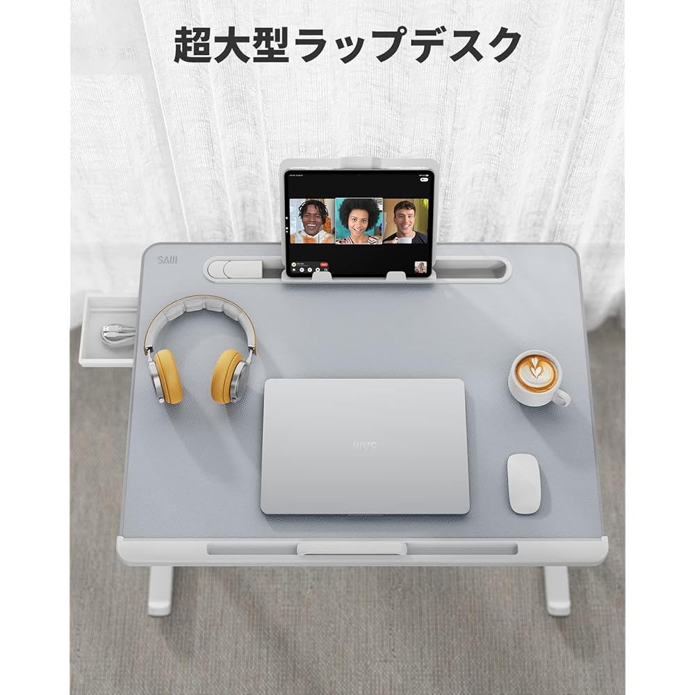 SAIJI Folding Table, LED Light, Retractable 3 Levels Brightness Adjustment, Mini Table, "Stability Enhancement" Desk, Low Table, Bed Table, Laptop Table, Chabu Table, Large Capacity, Top Plate, Angle