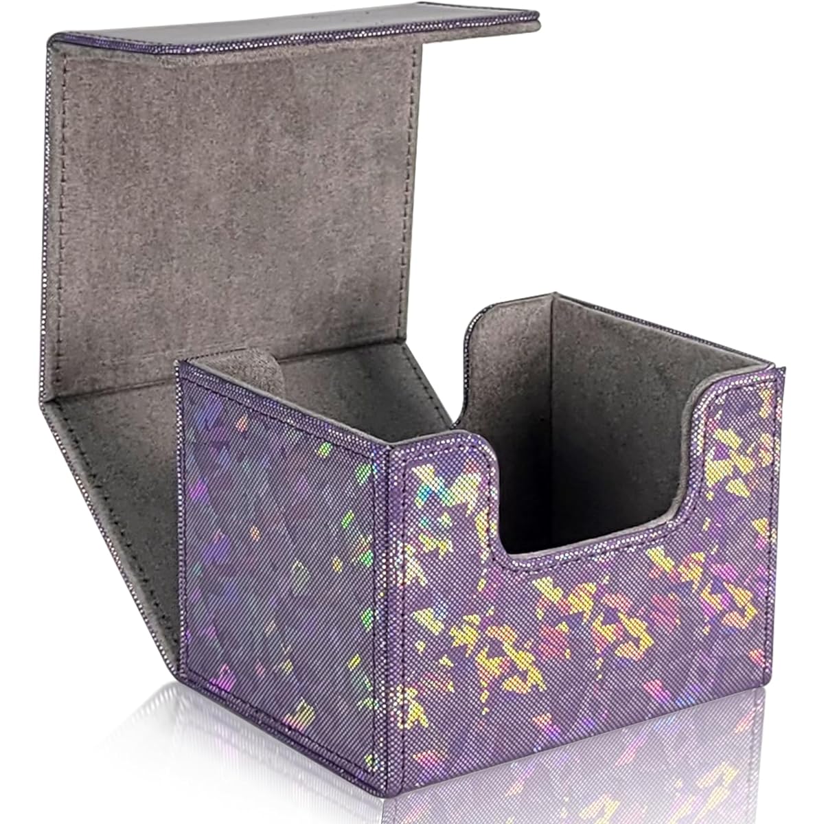 Dmoicols Card Deck Box, Holds 100+ Single Sleeved Cards, Laser Sparkly Material, Card Storage Box, Horizontal MTG Commander Deck Box with 2 Dividers for TCG CCG Magic Cards (Glitter Purple Pieces)