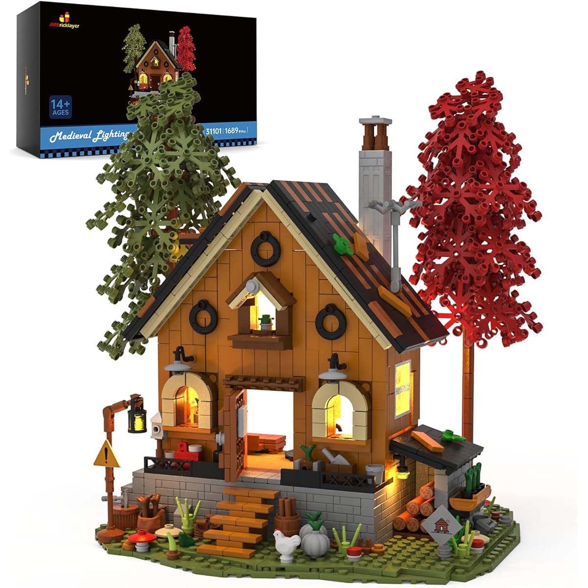 JMBricklayer Medieval A-Frame Cabin Building Set 31101, Wooden House Building Model Toy, Collectible Display Architecture Set with Lights, Ideal Gift for Boys, Girls, Adults, House Lovers (1689 Pieces)