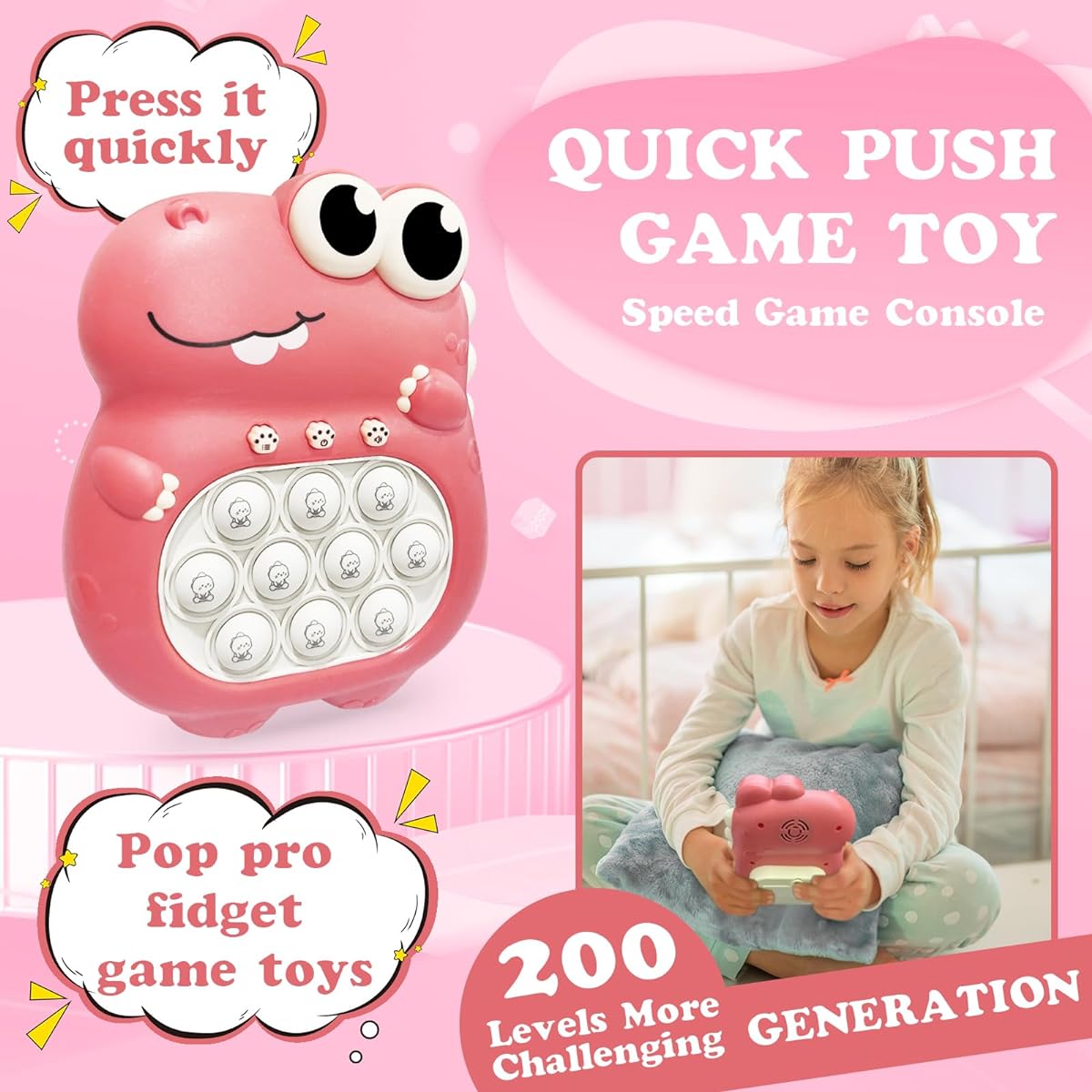 Pop Fidget Toy Pop Pro Light Up Game Quick Speed Fast Push Puzzle Game Console Bubble Stress Relief Decompression Toy Anti Anxiety Autism Handheld Game Toys for Kids 3-12 Years