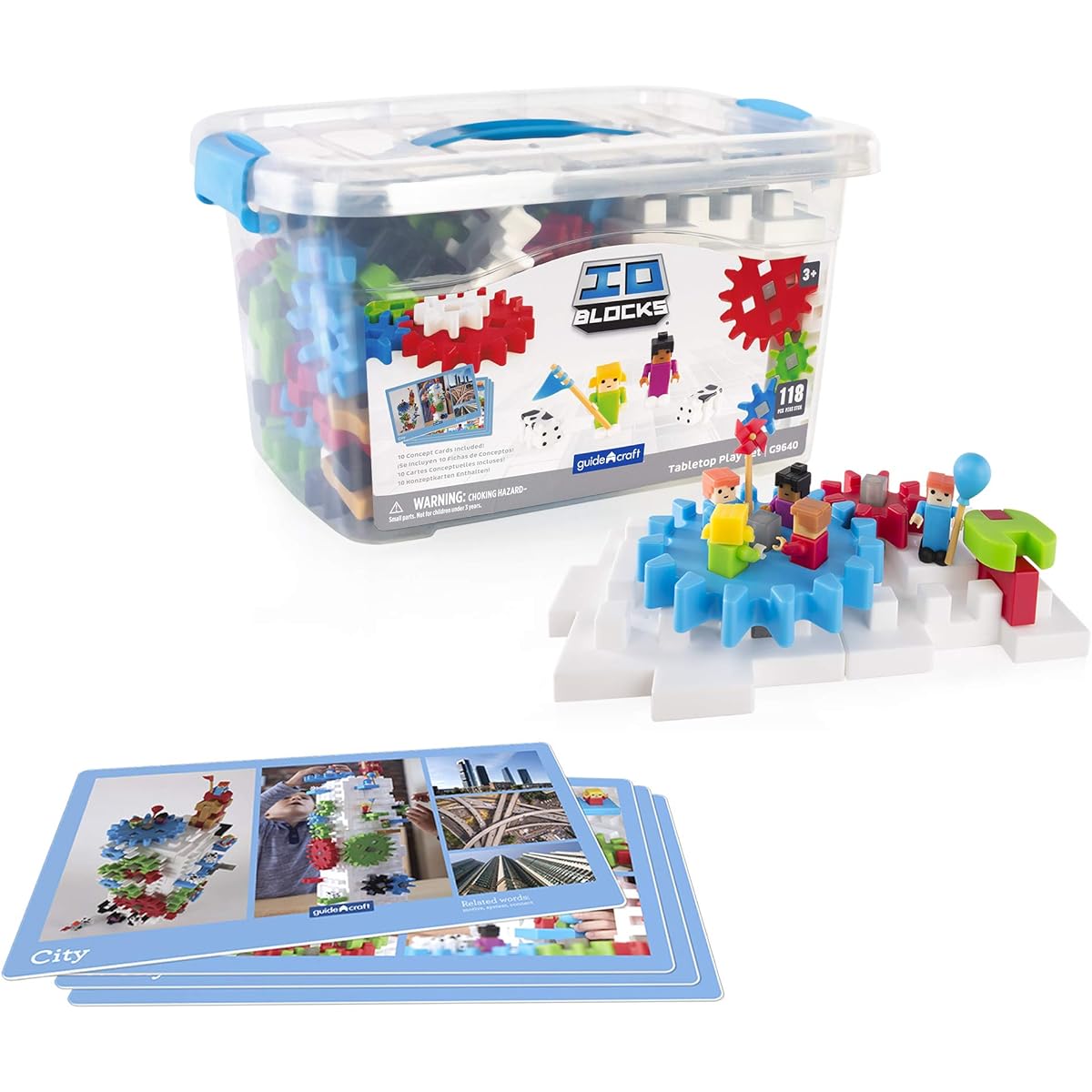 Guidecraft IO Blocks Tabletop System 118 Piece Gears Axles IO Man and Cow Interlocking Learning Toy for Kids
