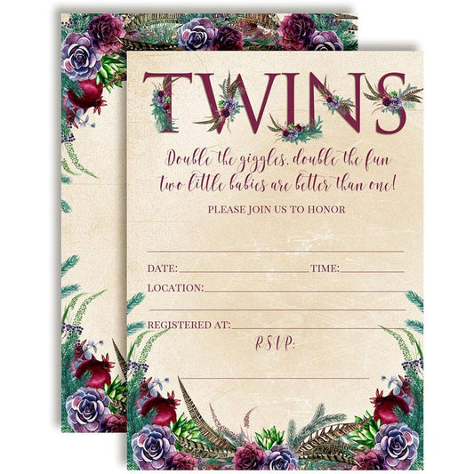 AmandaCreation Rustic Boho Watercolor Succulents Pine Feathers Baby Shower Invitations for Twins, 5"x7", 20 Cards, 20 White Envelopes