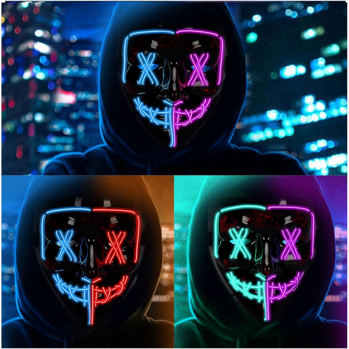 Halloween Scary Mask LED Mask LED Purge Mask [3 Pack] LED Light Up Mask EL Wire Light Up Festival Cosplay Halloween Costume for Halloween Festival Party