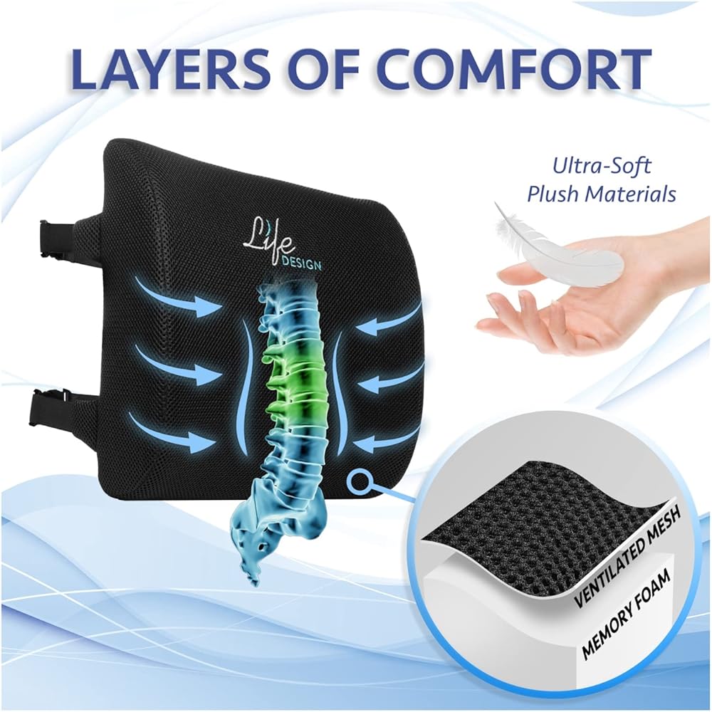 Life Design Lumbar Support Pillow for Office Chair - Memory Foam Pillow for Desk Chair - Back Support for Gaming Chair - Lumbar Support Pillow for Car - Back Pillow for Computer Desk Chair (Black)