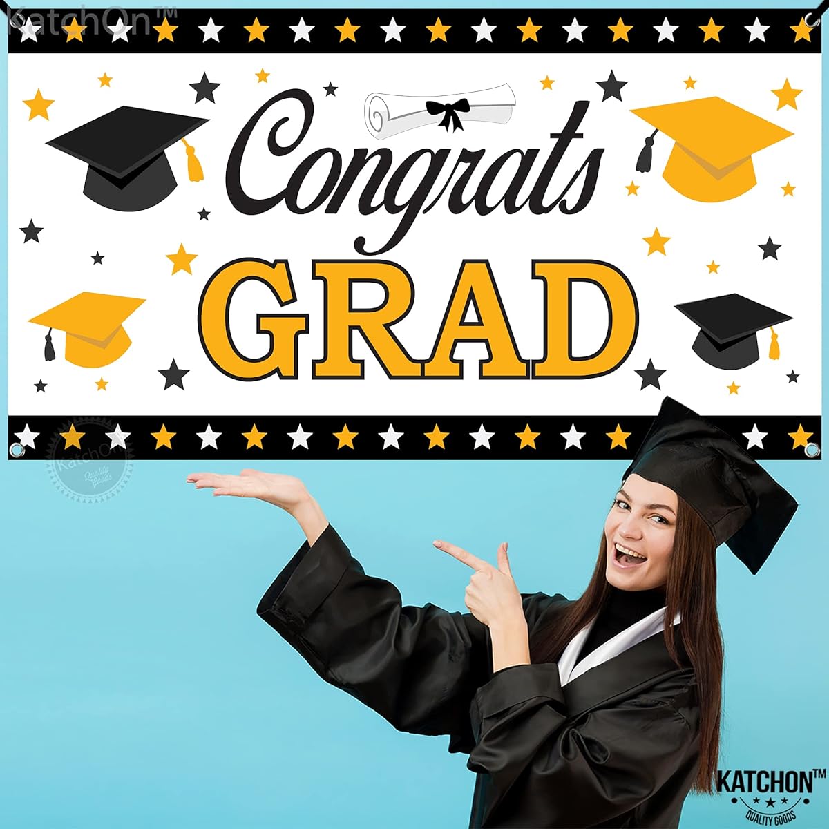 KatchOn White Congrats Grad Banner - XL 72x44 Inch | White Graduation Banner for Graduation Decorations Class of 2024 | Graduation Background Black and White Graduation Decorations 2024