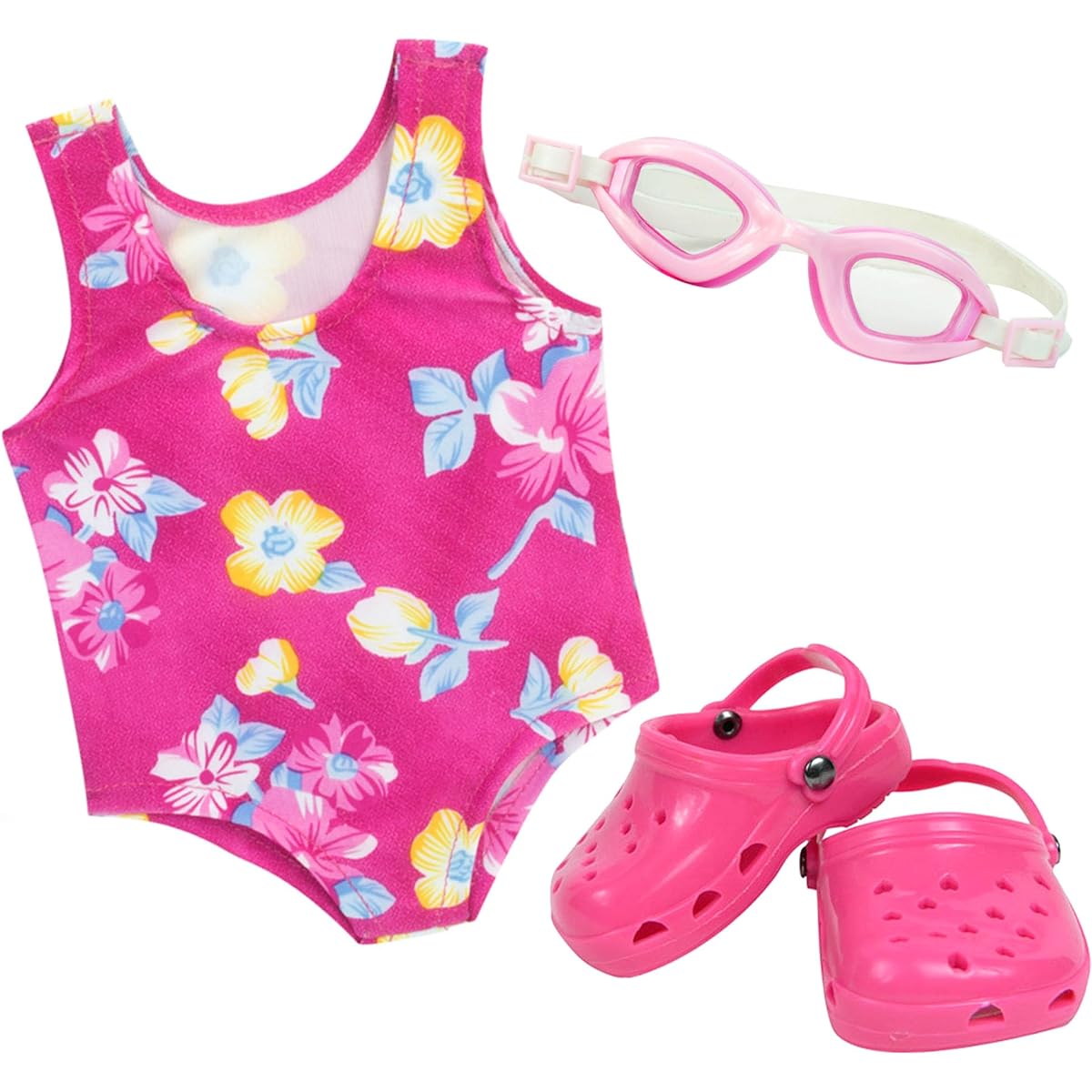 Pink Floral Swimsuit for 18 Inch Dolls with Pink Sandals and Water Goggles