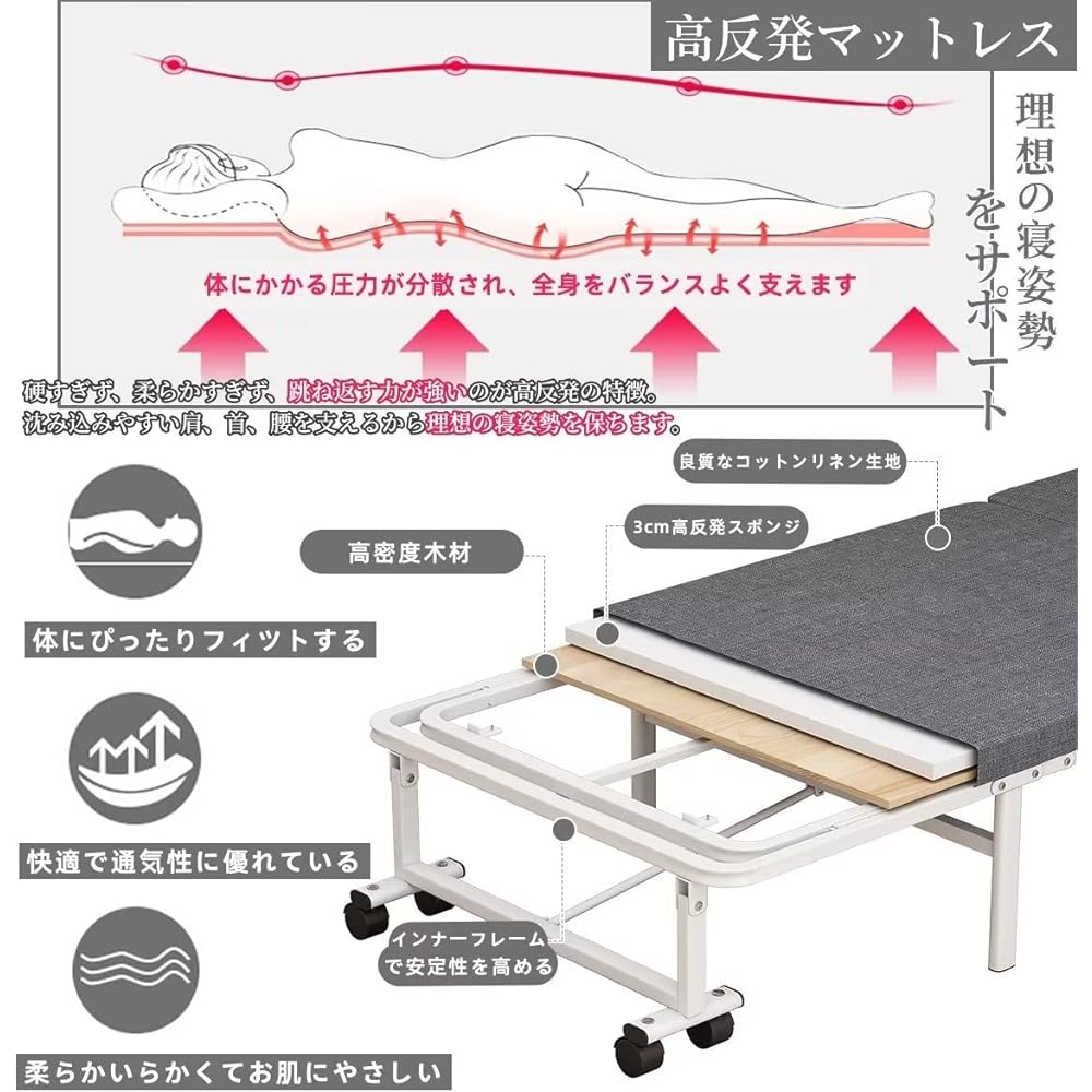 AKEMI LIVING Folding Bed, Compact Folding Bed, Single Simple Bed, High Resilience Mattress, 5 Levels of Reclining, Folding Bed, Space Saving, No Assembly Required, Comes with Casters