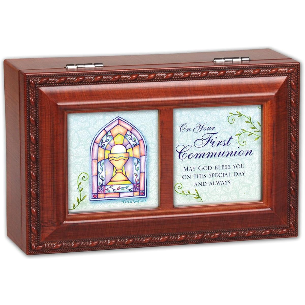 Cottage Garden First Communion Wood Grain Petite Music Box/Jewelry Box Plays Amazing Grace