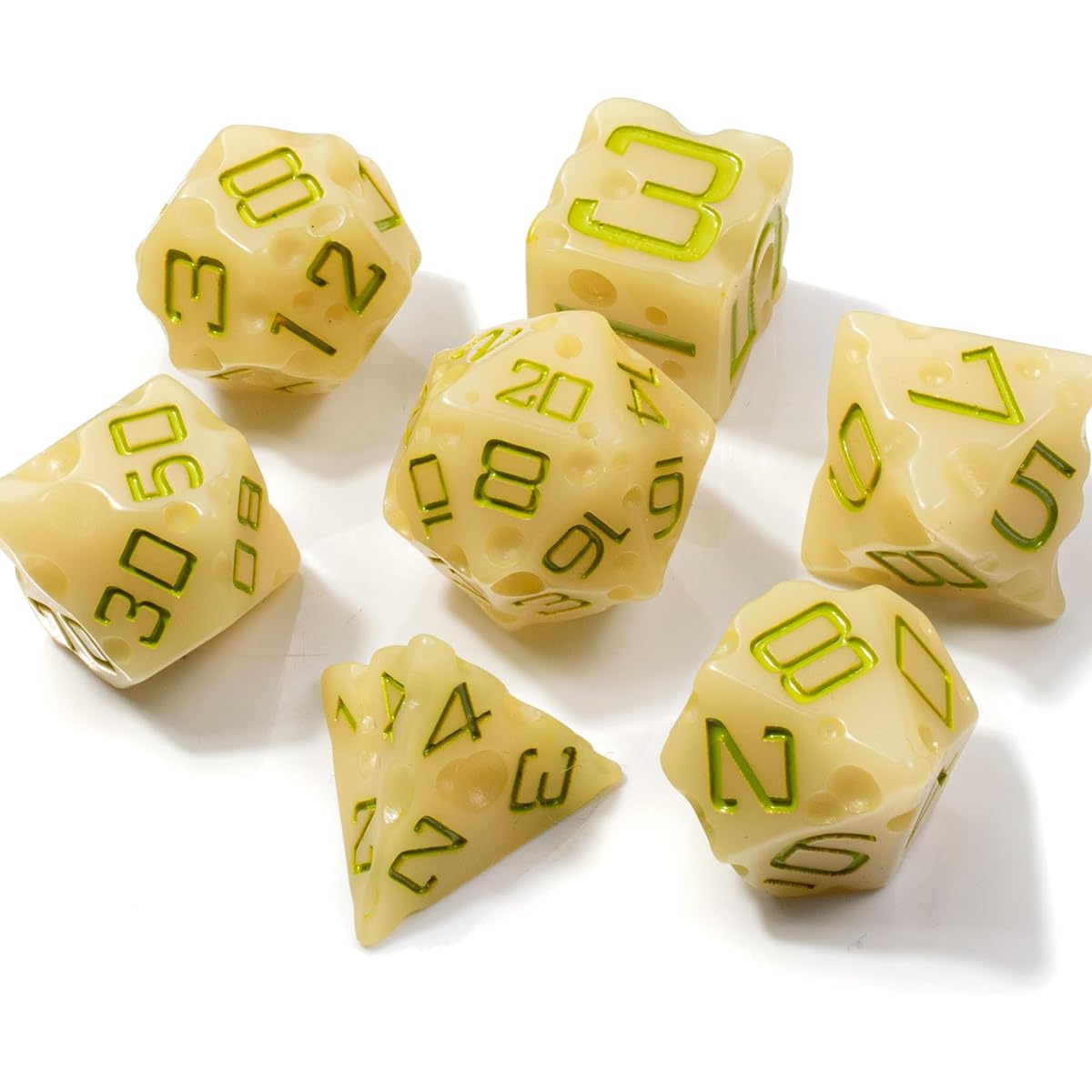 Cheese D&D Dice Set with Swiss Holes | DND/TTRPG 7 Piece Polyhedral Resin Set (Moldy)