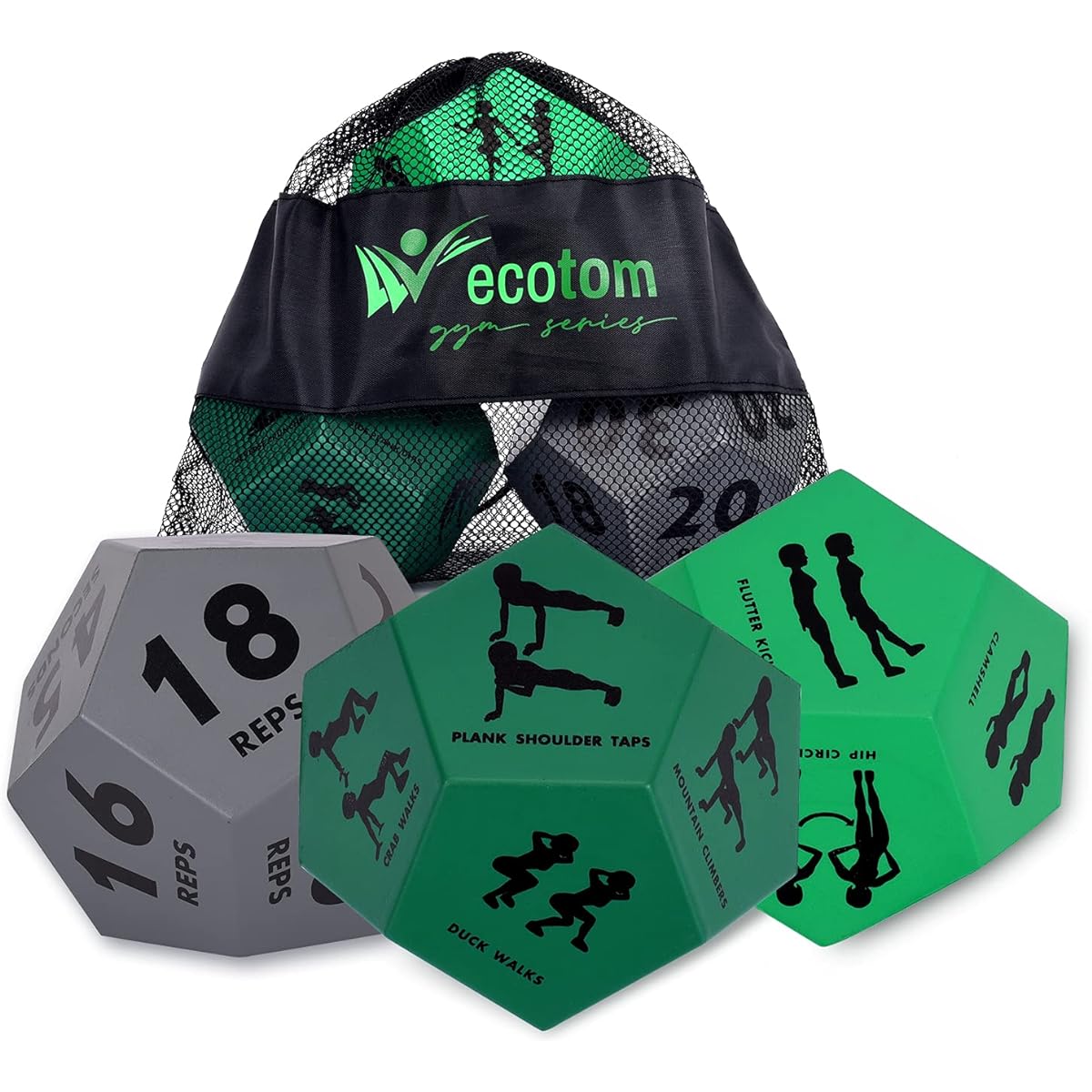 ecotom Exercise Dice for Home Workouts, Fitness Dice with Unique Exercises and Instructions, 3 Pack for Gym/CrossFit WOD/Bodyweight HIIT/Cardio/Sports Training
