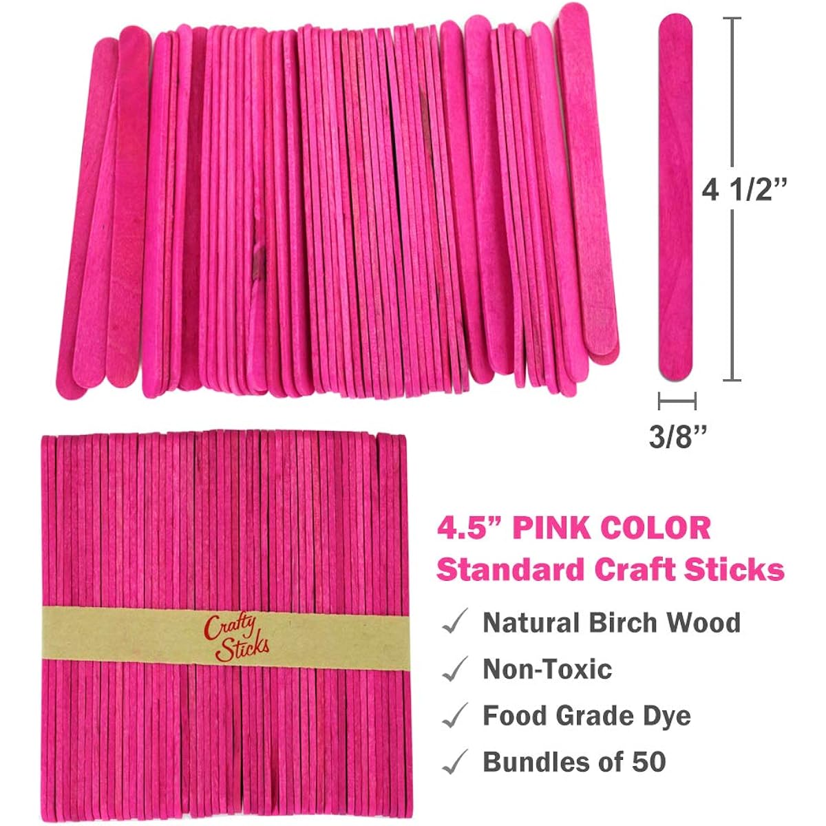 1,000 Standard Size Wooden Craft Sticks Natural Popsicle Sticks Pink