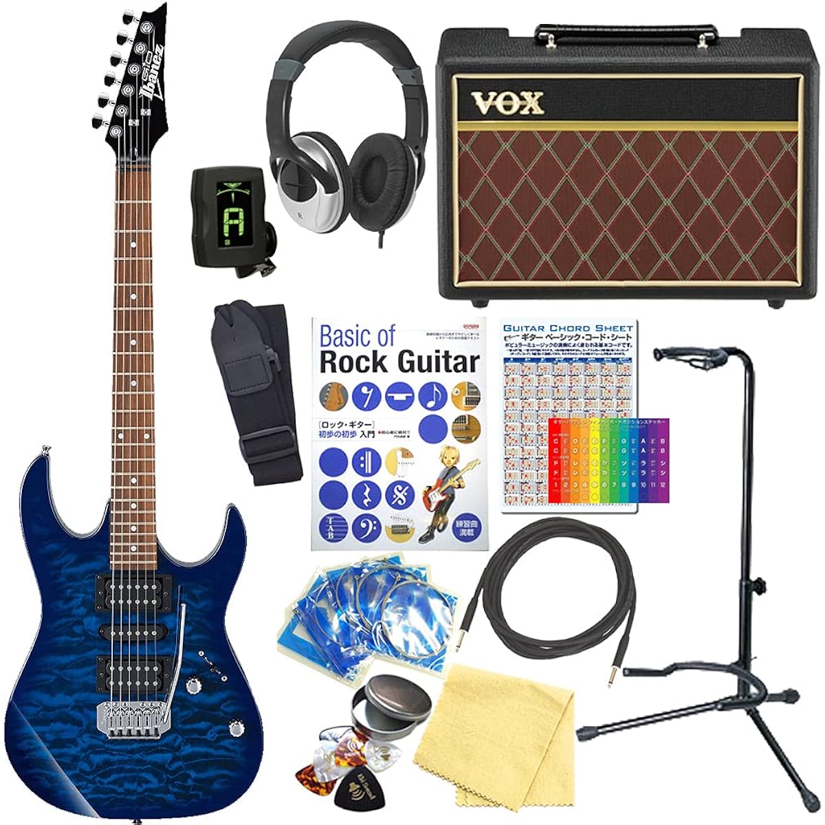 Ibanez GRX70QA TBB Electric Guitar with VOX Amplifier, Beginner's 15-Piece Set