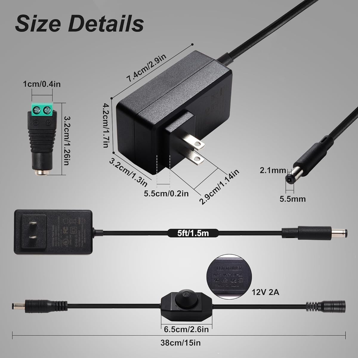 12V 2A LED Power Supply UL Certified - 24W AC to DC Universal Power Adapter with Dimmer Switch - 100~240V 50-60Hz 12 Volt DC Power Converter for LED Strip Light Router Security Camera