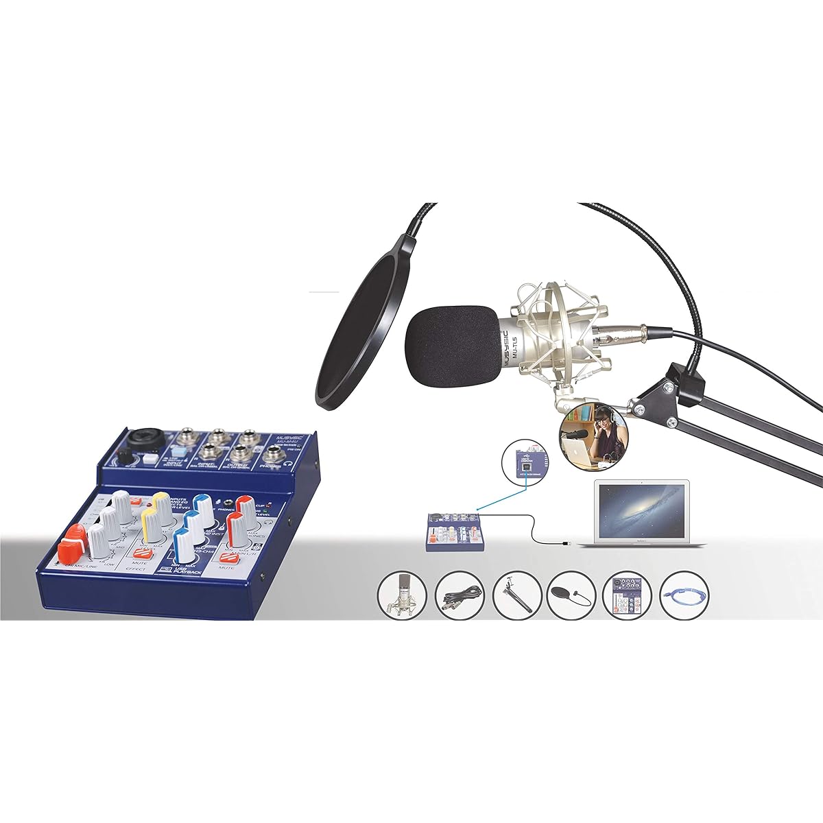 MUSYSIC Studio Recording Kit Webcast Bundle 4 Channel Mixer with USB Interface MU-M4KIT