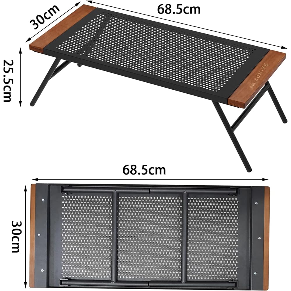 SUN-YE Camping Table, Mesh Table, Iron System, Wooden Edge, Folding, Camping, Bonfire, Stove Holder, Comes with Exclusive Storage Bag (Black, 2 Pieces)