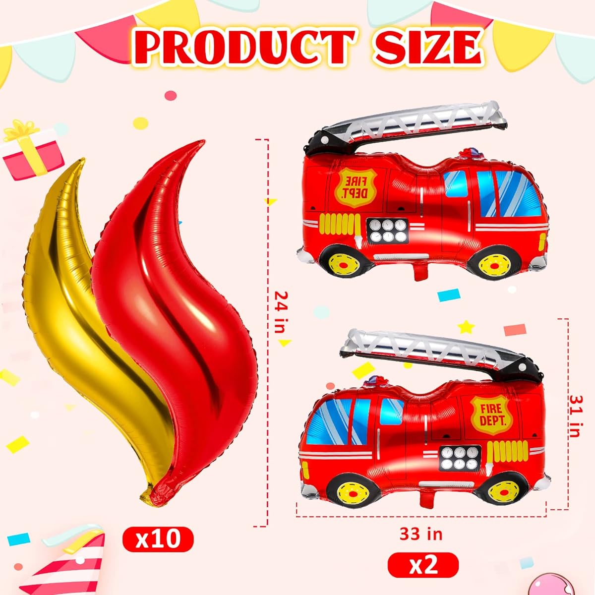 12pcs Fire Truck Balloons Party Decorations Jumbo Fire Truck Balloons 2pcs Fire Truck Birthday Balloons, Fire Truck Birthday Balloons, 10pcs Fire Truck Gold and Red Flame Balloons Birthday Decorations for Firefighter Party