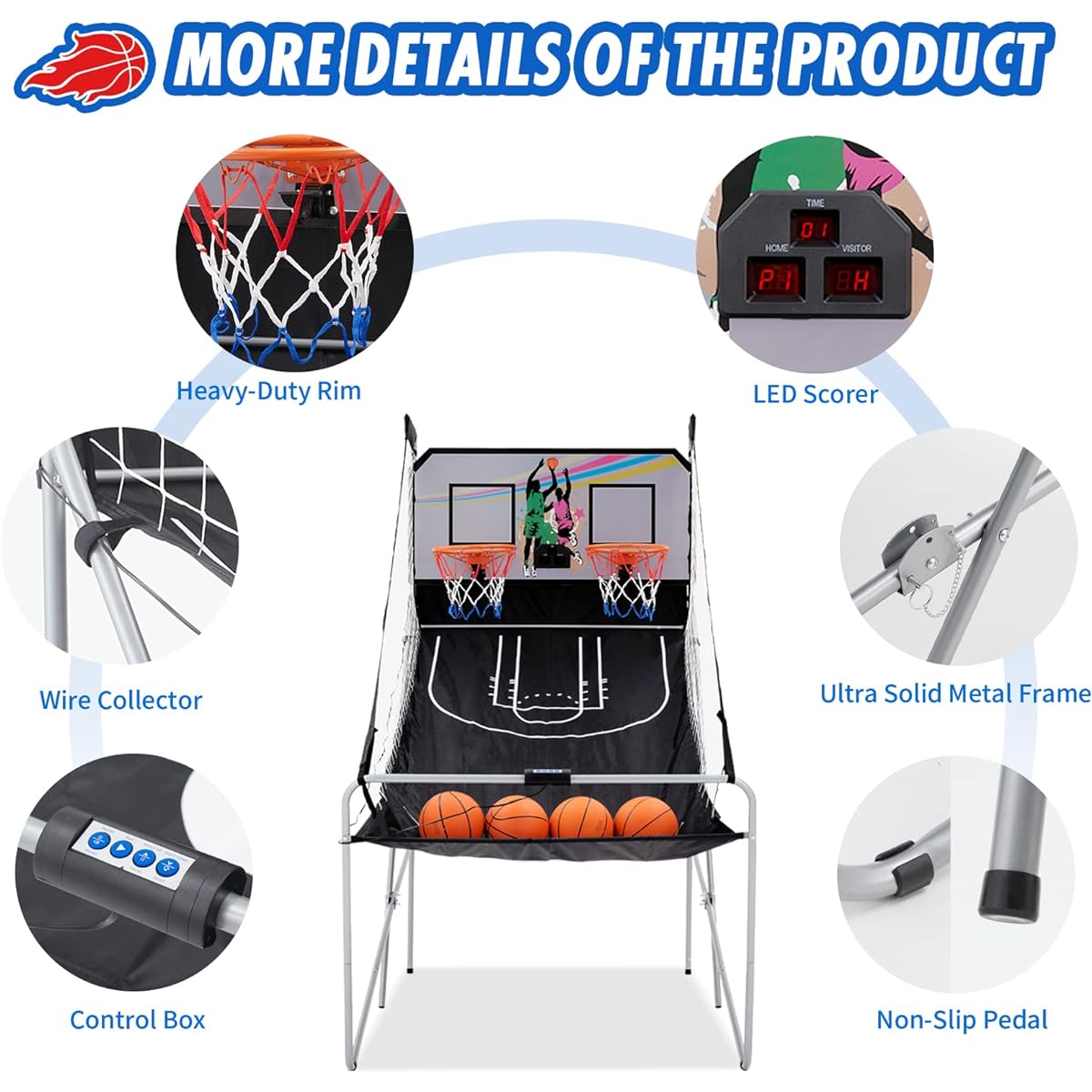 Outspurge Foldable Electronic Dual Basketball Arcade Game, Double Shot, 2 Player, 8 Game Options, 4 Balls, LED Scoring System, Indoor Basketball Game for Kids, Youth and Adults