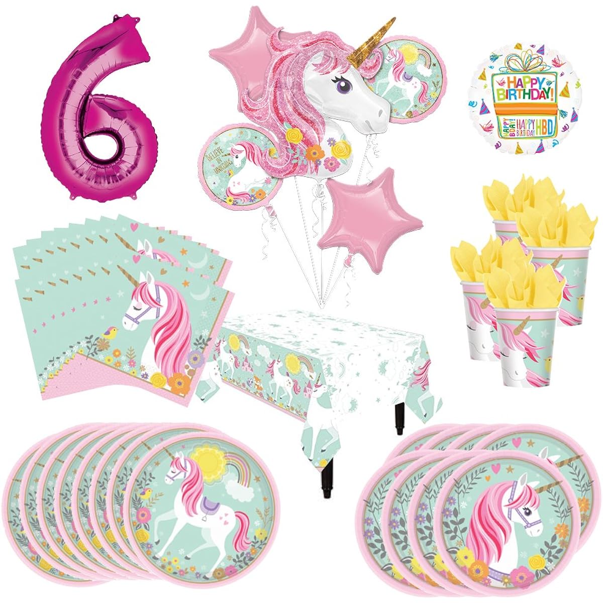 Mayflower Products Magical Unicorn Party Supplies for 8 Guests, 6th Birthday Balloon Bouquet Decorations