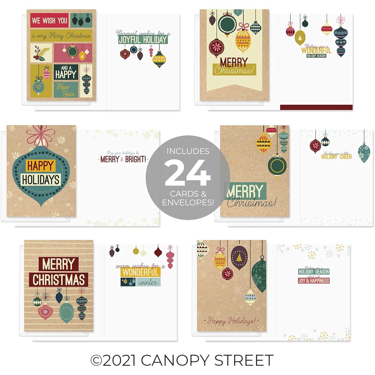 Retro Ornament Holiday Cards 4 5/8" x 6 1/4" Faux Kraft Cards Assortment 24 Christmas Cards with White Envelopes 6 Ornament Designs