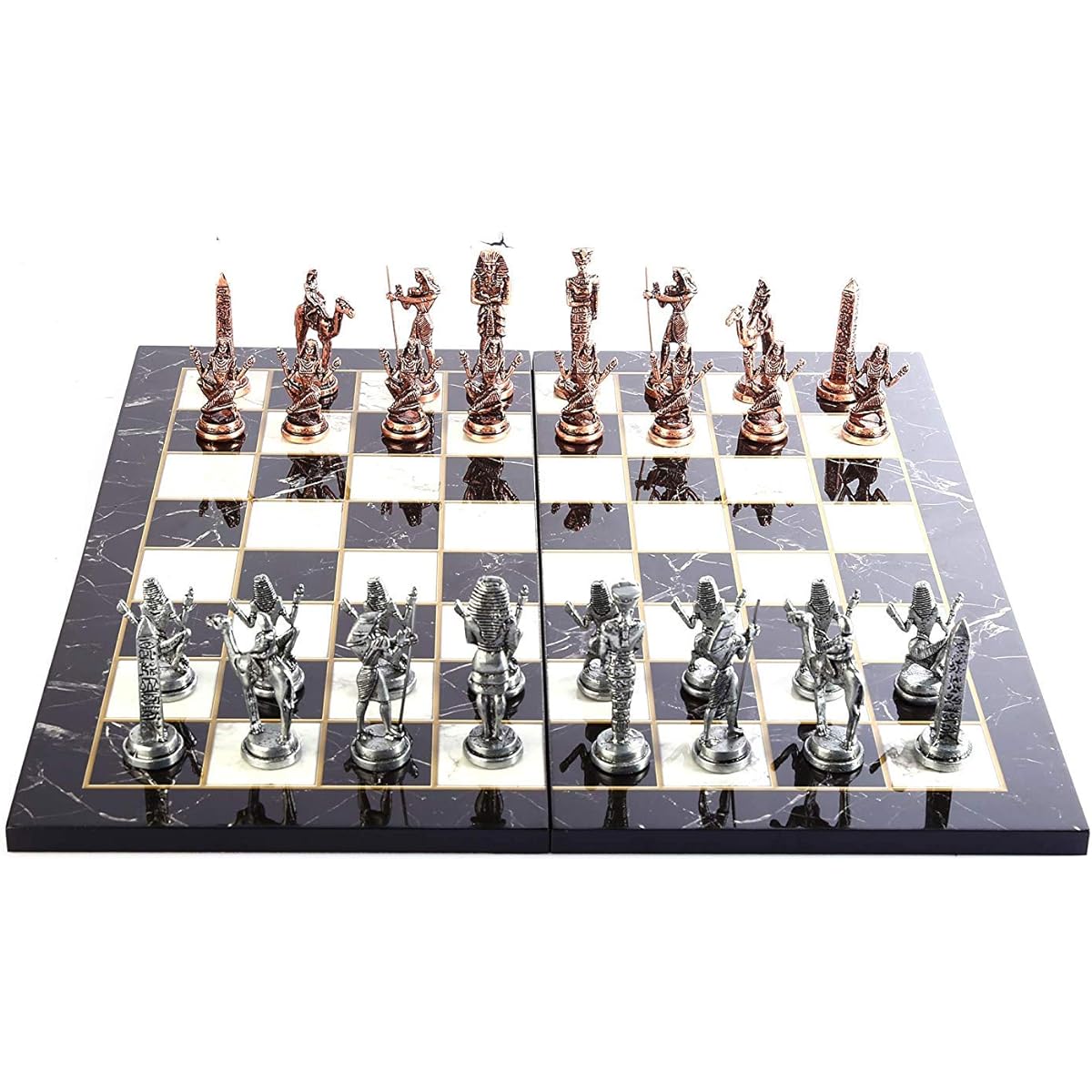 GiftHome Ancient Egypt Pharaoh Antique Copper Figure Metal Chess Set for Adults Handmade Pieces Marble Design Wooden Chess Board King 3.4 Inch