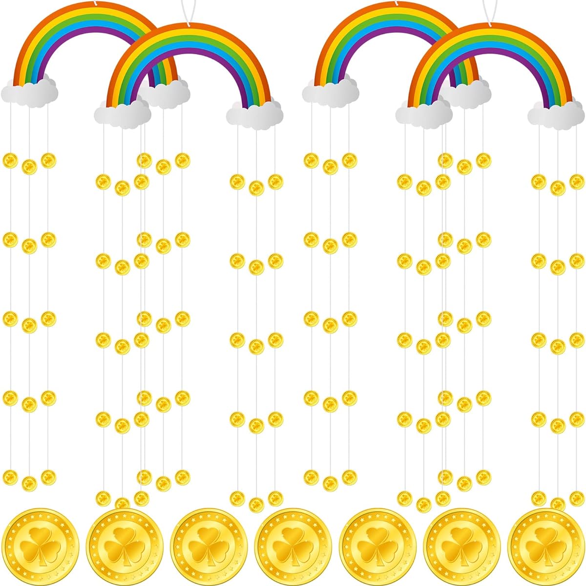 4pcs Hanging Rainbow and Clouds Ceiling Decor Gold Coin Streamers St. Patrick's Day Decor Paper Irish Ornaments Room Wall Wood Decor Leprechaun Party Supplies 11.81''