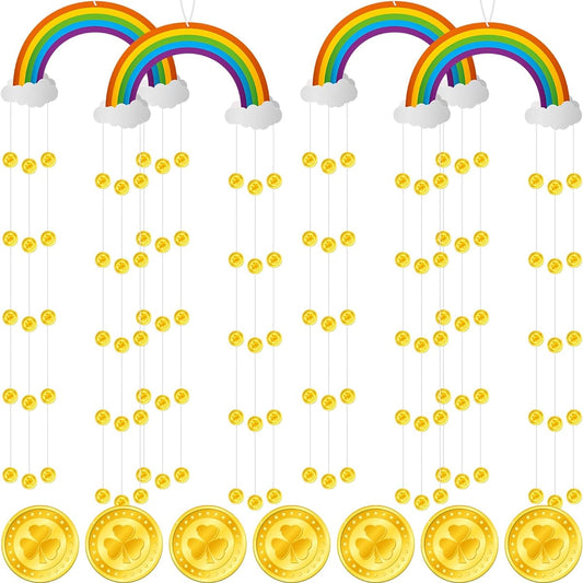 4pcs Hanging Rainbow and Clouds Ceiling Decor Gold Coin Streamers St. Patrick's Day Decor Paper Irish Ornaments Room Wall Wood Decor Leprechaun Party Supplies 11.81''