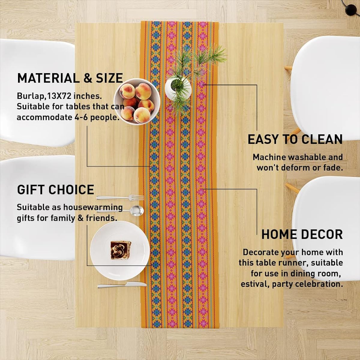 Mexican Therap Table Runner, Mexican Rebozo Table Runner Decor Dining Room Kitchen Home Striped Table Runner Decoration Holiday Party Housewarming Gift for Women Couple Friends 13X72 Inch