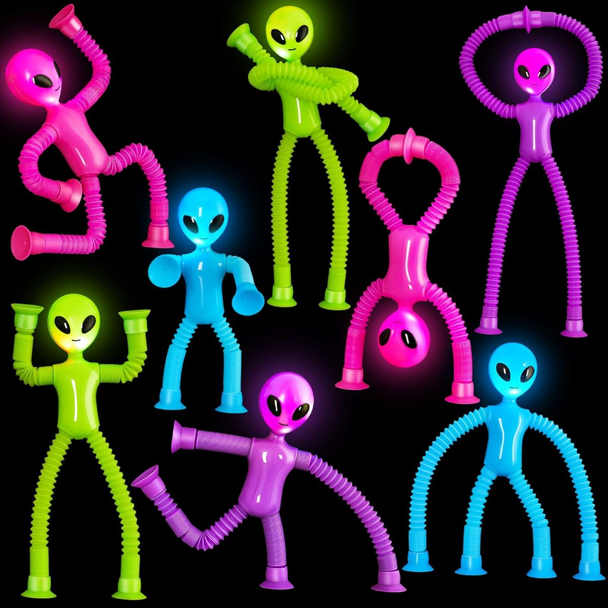 Lenwen 8 Pack Alien Pop Tubes Suction Cup Stretchable Sensory Fidget Tubes with Built-in Sensing Lights Alien Party Favors Stress Relief Fidget Toys for Birthday Party/Classroom Gifts