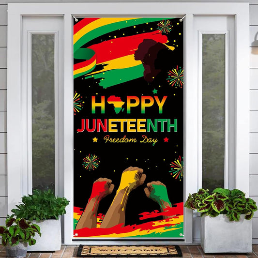 Arosche Juneteenth Decorations Banner Door Cover 6x2.9ft Happy Juneteenth Backdrop 1865 Freedom Day African American Black History Hanging Background Indoor Outdoor June 15th Door Party Supplies
