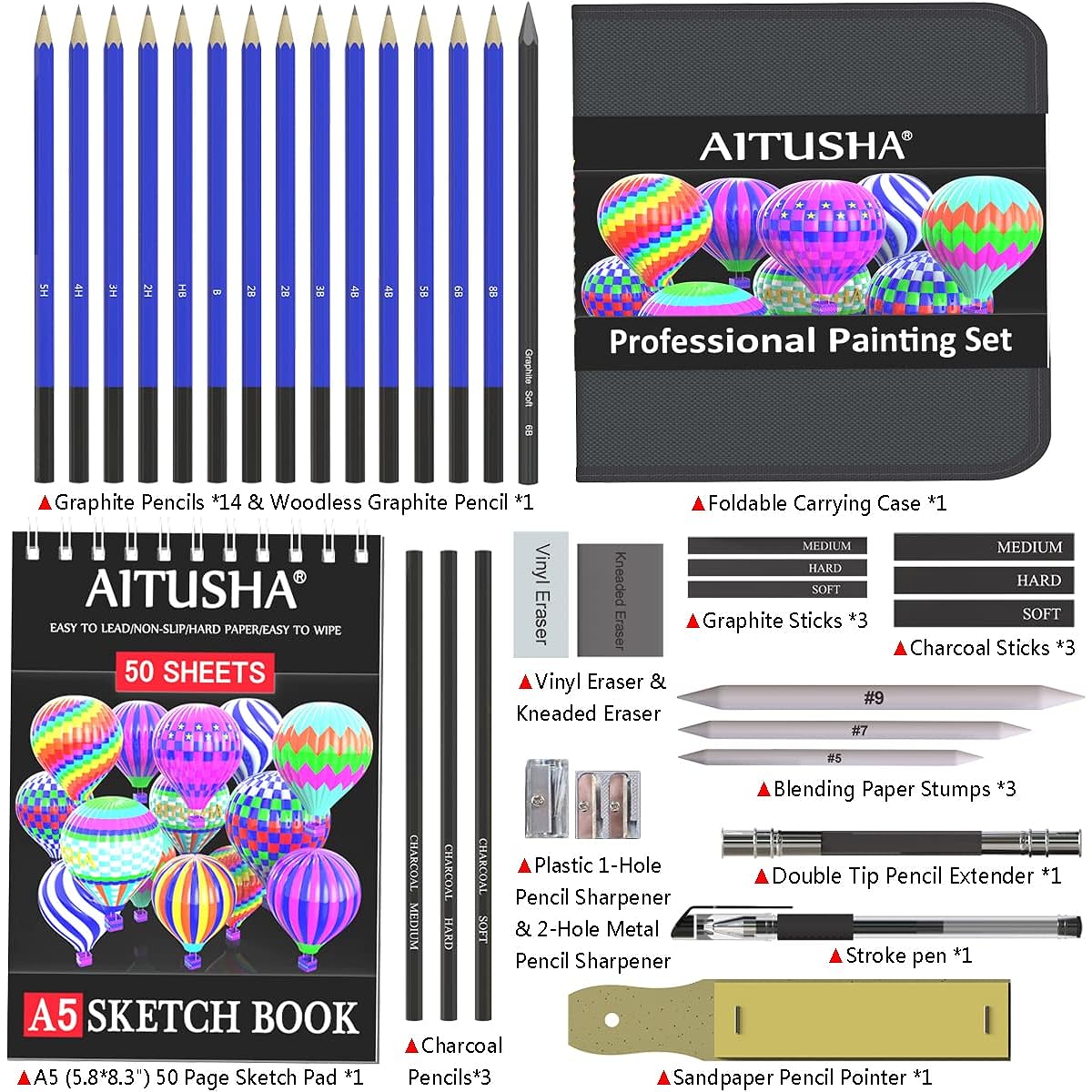 AITUSHA Professional Sketching Pencils 36 Pieces Set with 50 Page Drawing Pad, Perfect Art Supplies for Artists/Beginners/Adults/Teens