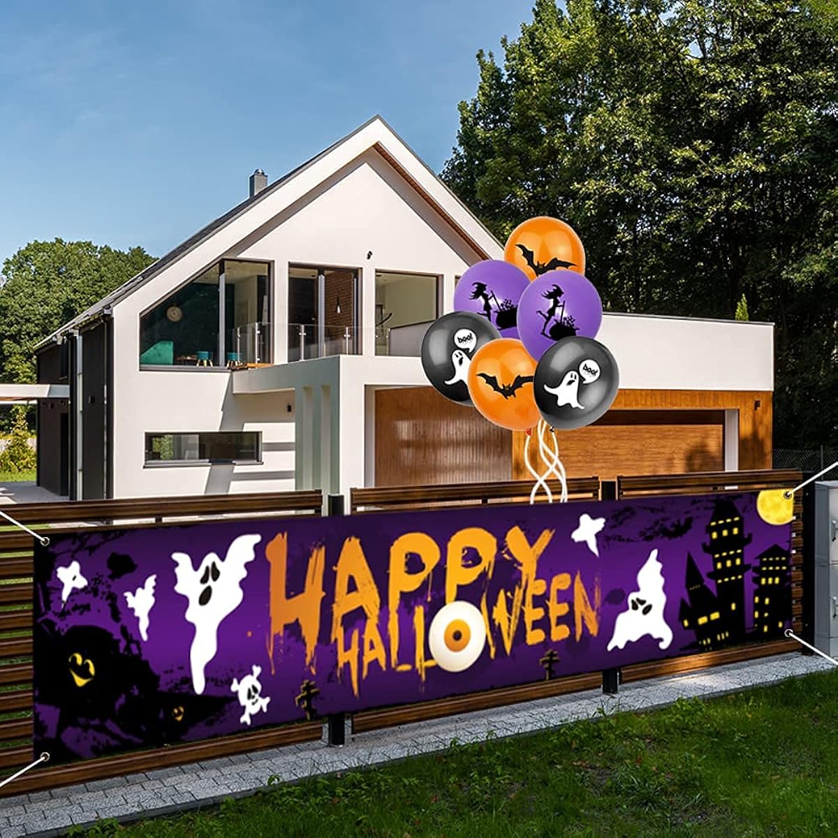 Extra Large Happy Halloween Banner,Halloween Party Sign Banner Decorations Halloween Party Balloons Halloween Ghost Yard Sign Decor Background Photography Backdrop for Halloween Party (118" x 24")
