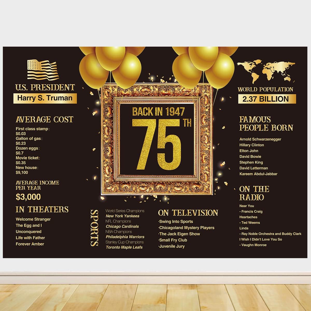 Happy 75th Birthday Party Backdrop Banner, 75 Years Old Photo Background, 1947 Birthday Banner, 75th Birthday Decorations for Women Men, Black and Gold Anniversary Party Supplies