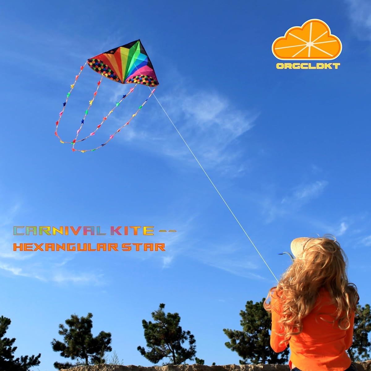 ORGCLDKT CANIVAL Delta Kite Hexagonal Star 53"x30.5" Printed Carry Bag Easy Flying Kite for Kids Adults Girls Boys Beach Kite Long Hexagonal Star Tail