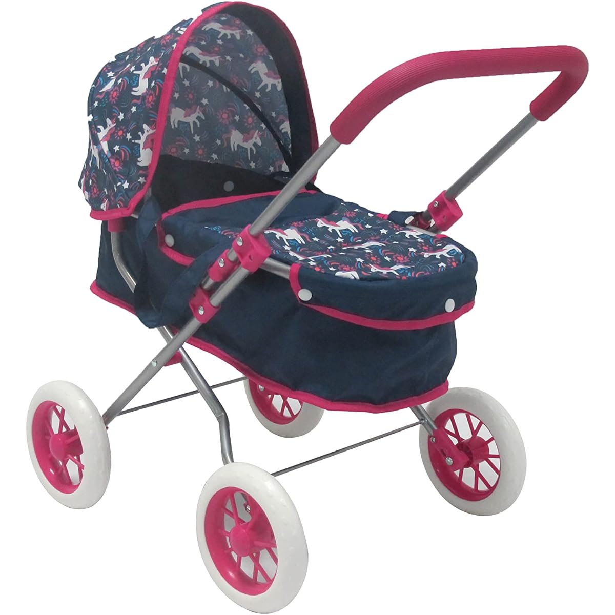 KOOKAMUNGA Kids Baby Doll Stroller with Detachable Bassinet | Realistic 2-in-1 Toy Plum Carrycot and Retractable Canopy - Navy Unicorn (Navy Unicorn)