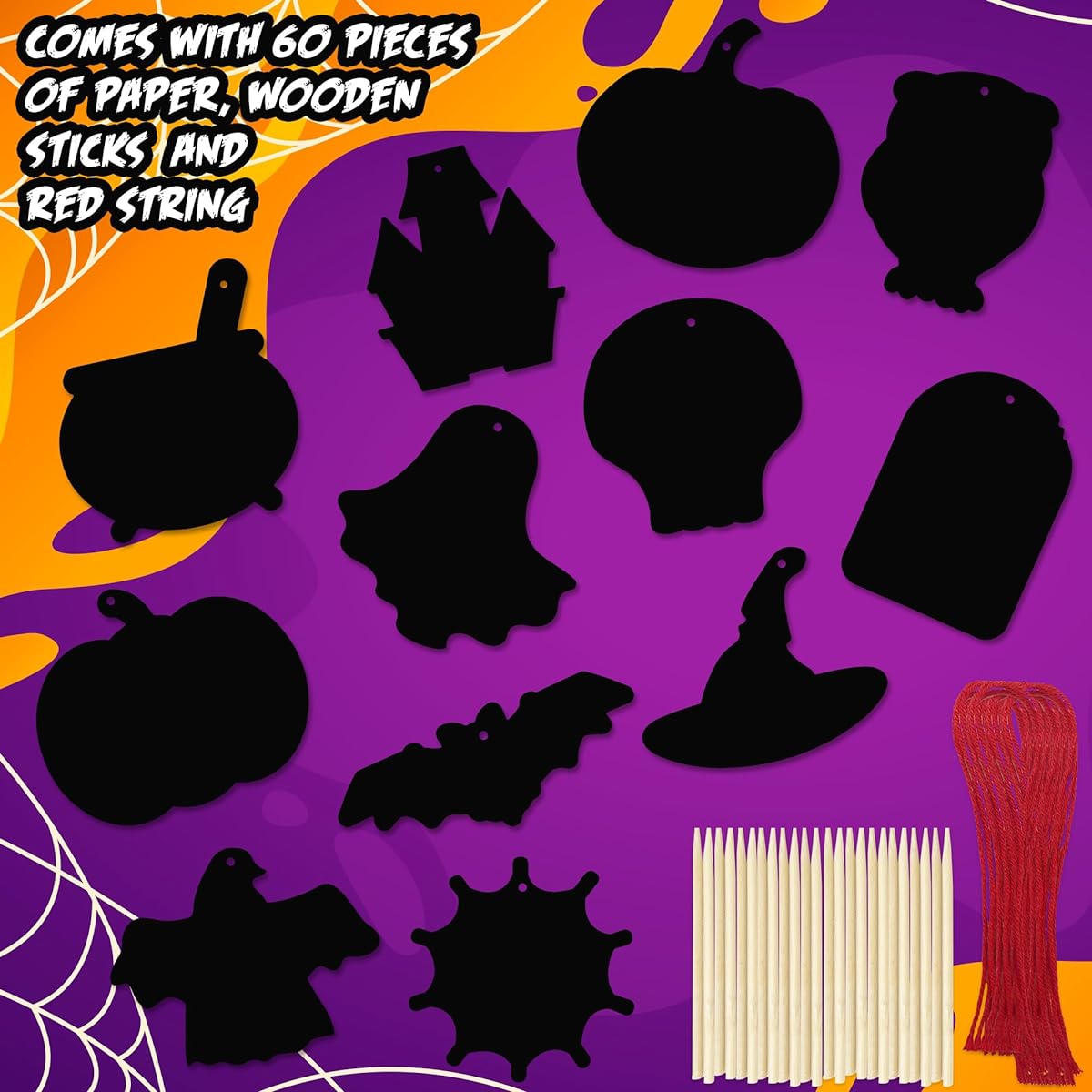 ArtCreativity Halloween Scratch Art for Kids - Scratch Paper 60 Sets - Halloween Crafts (Bulk) 60 Designs 60 Pieces 60 Pieces Red String - Scratch Art Party Favors for Kids Classroom