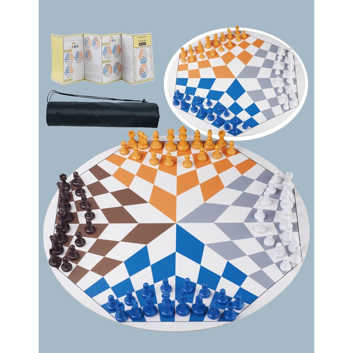 3 or 4 Player Chess Set: Leather Game Mat + 4 Packs of Pieces (64 Pieces) + 1 Game Manual + Drawstring Storage Bag Strategy Chess Game for 2-4 Players