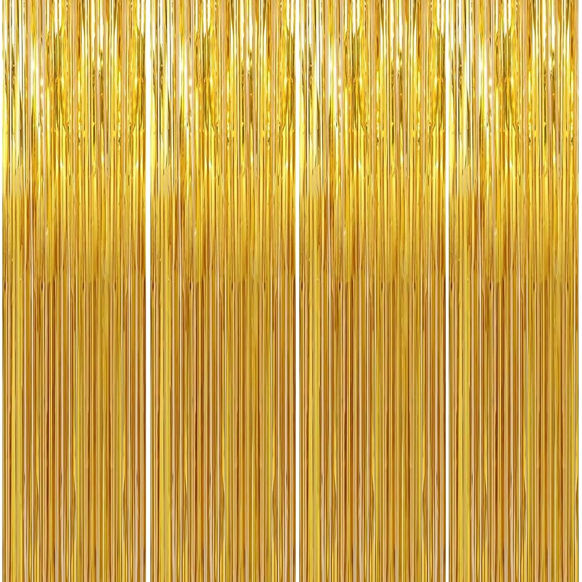 WODCM Foil Fringe Backdrop Curtains 4 Pack 3.3x8.2ft Tinsel Streamers Birthday Party Decorations Festival Party Streamers Fringe Backdrops for Parties and Festivals (Gold)