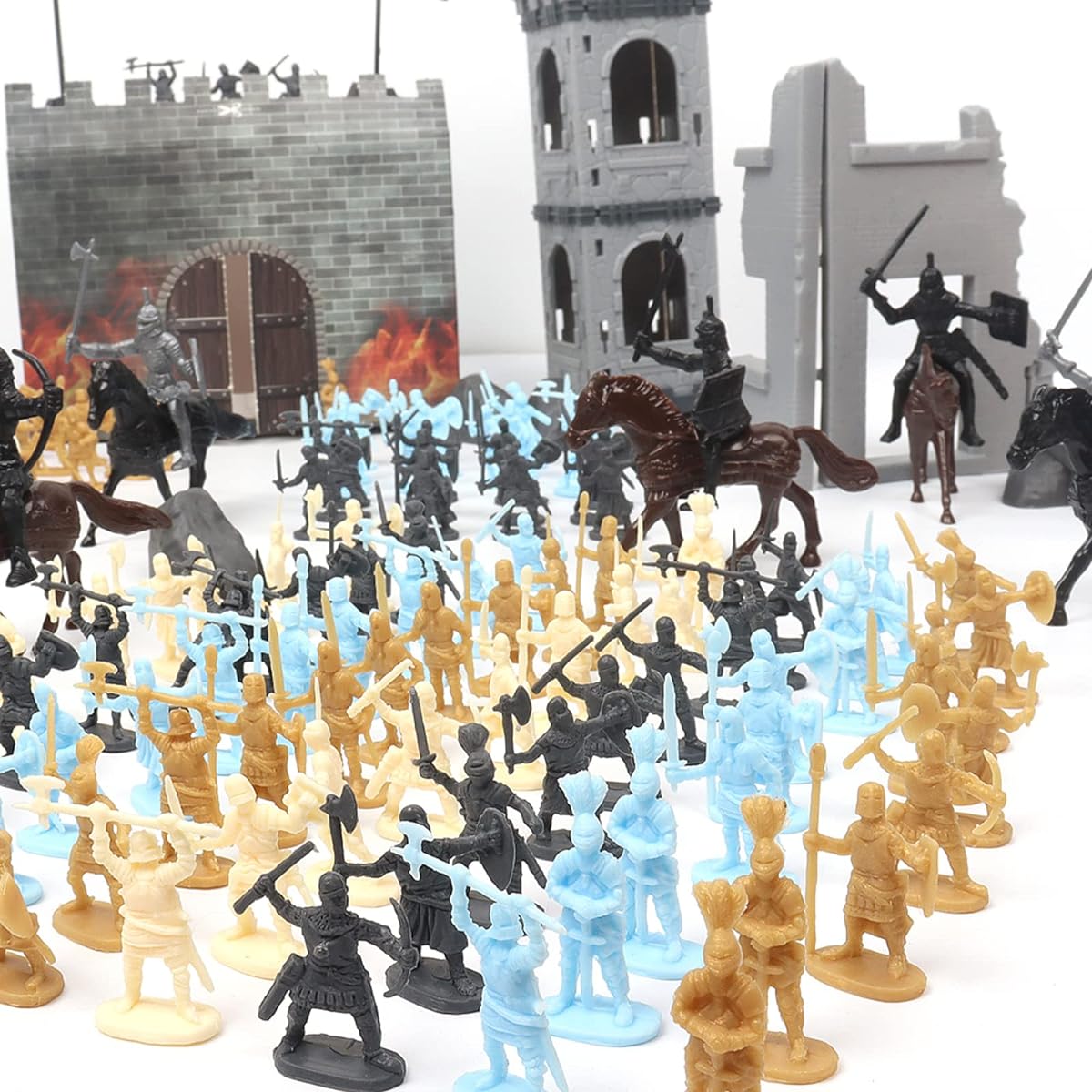 Castle Toy Knight Toy Castle Playset Military Toy Carry Bag 250 Pieces Medieval Castle Ruins Siege Cart Helps Children's Intellectual Development (4 Colors Castle Soldiers)