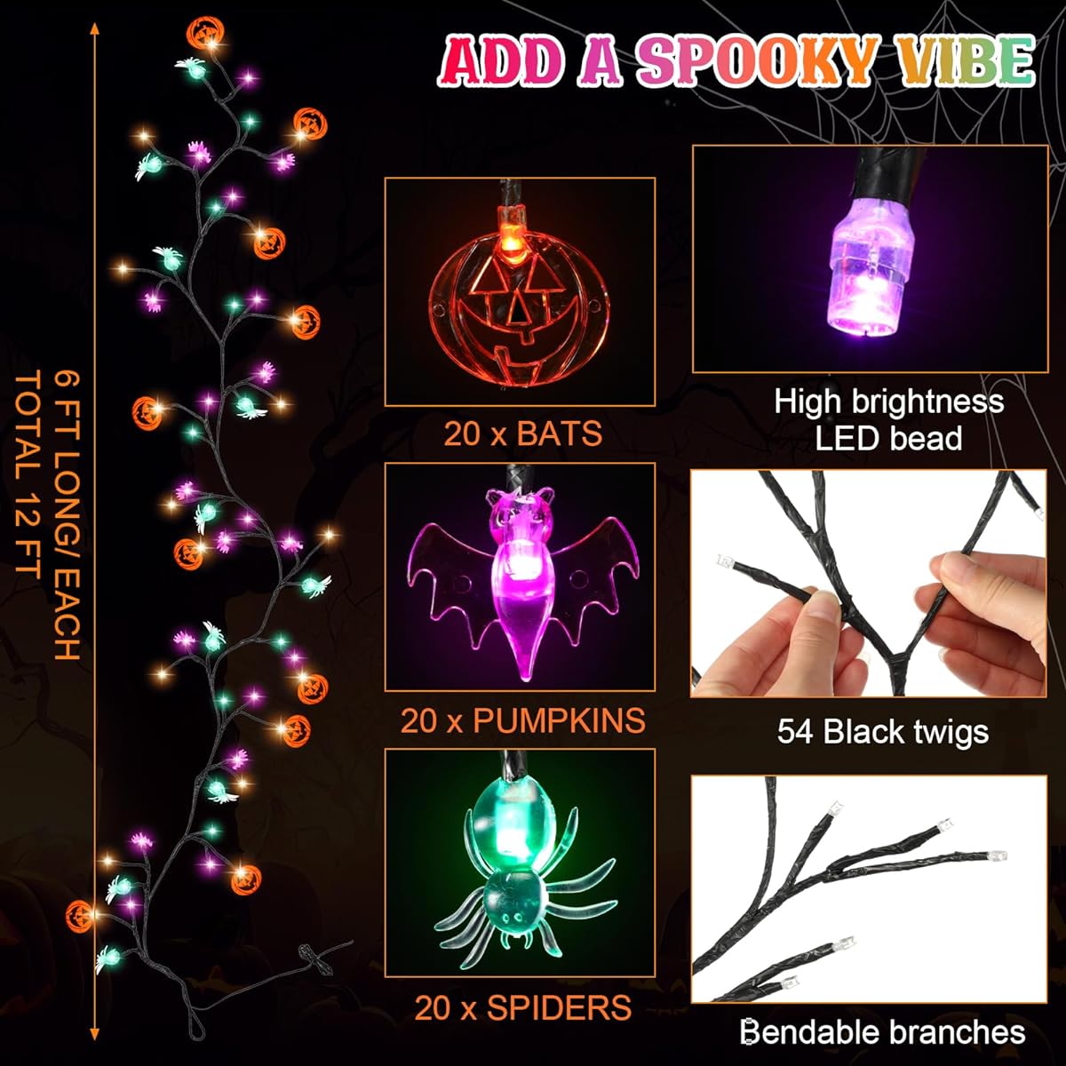 VIHOSE 2pcs Total 12ft 108 LED Halloween Willow Vine Twig Orange Green Purple Light Garland with Timer 8 Modes Waterproof Battery Operated Halloween Wall Home Decoration (Mosquito, Pumpkin, Spider)
